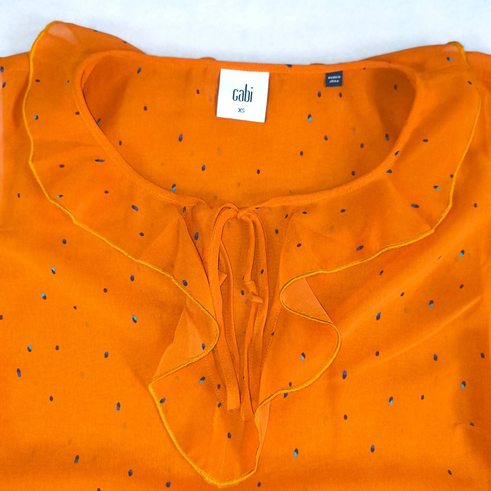 Cabi Orange Ruffle Neck Sleeveless Blouse Womens XS‎ Polka Dot Tie Neck Top - Picture 3 of 9